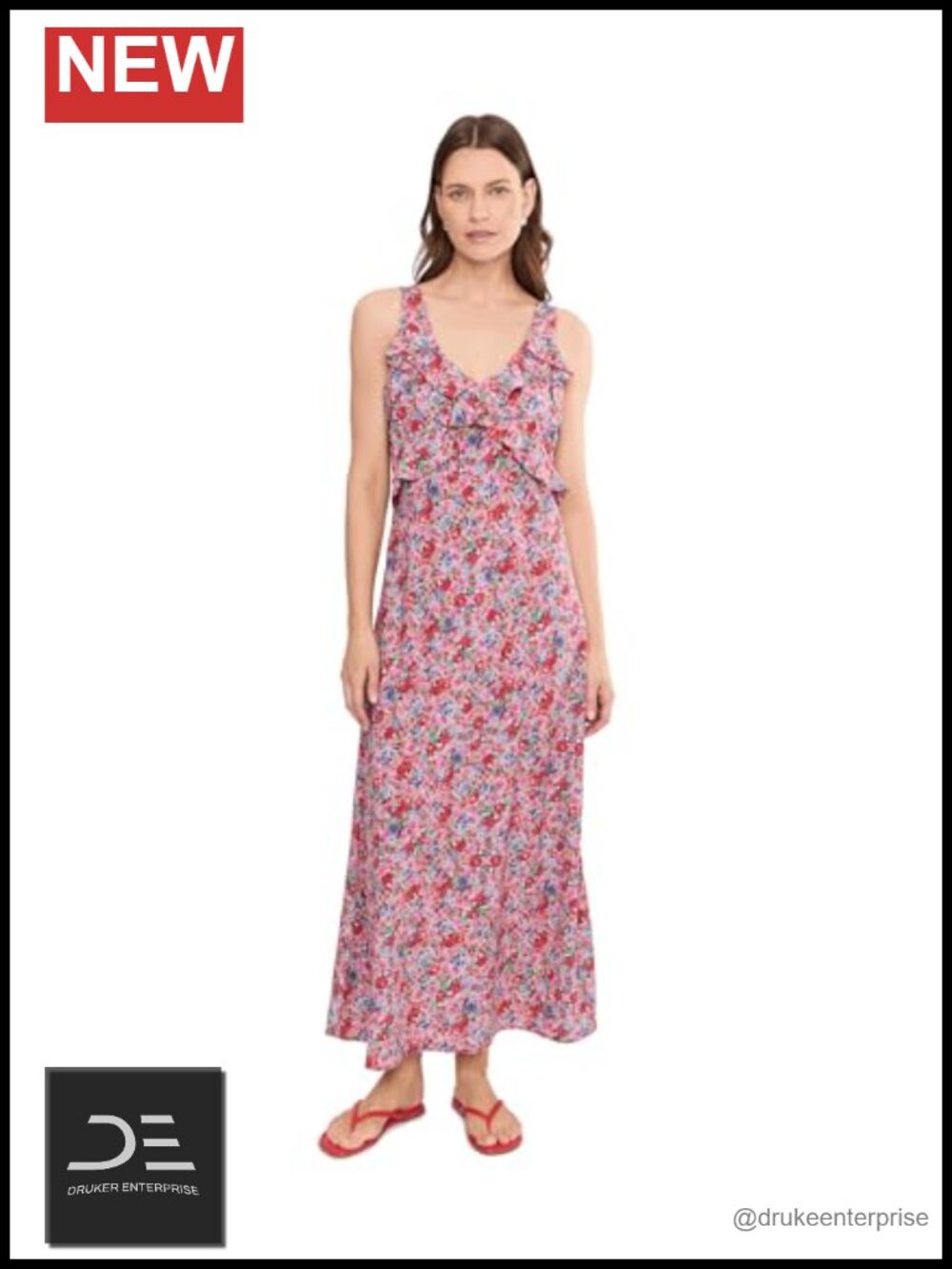 Sleeveless Ruffle Front Woven Maxi Dress Polyester Elastane Casual